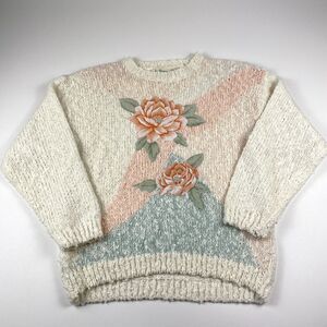 VTG Colleens Collectibles Womens Acrylic Sweater Cream Floral Grannycore Cottage